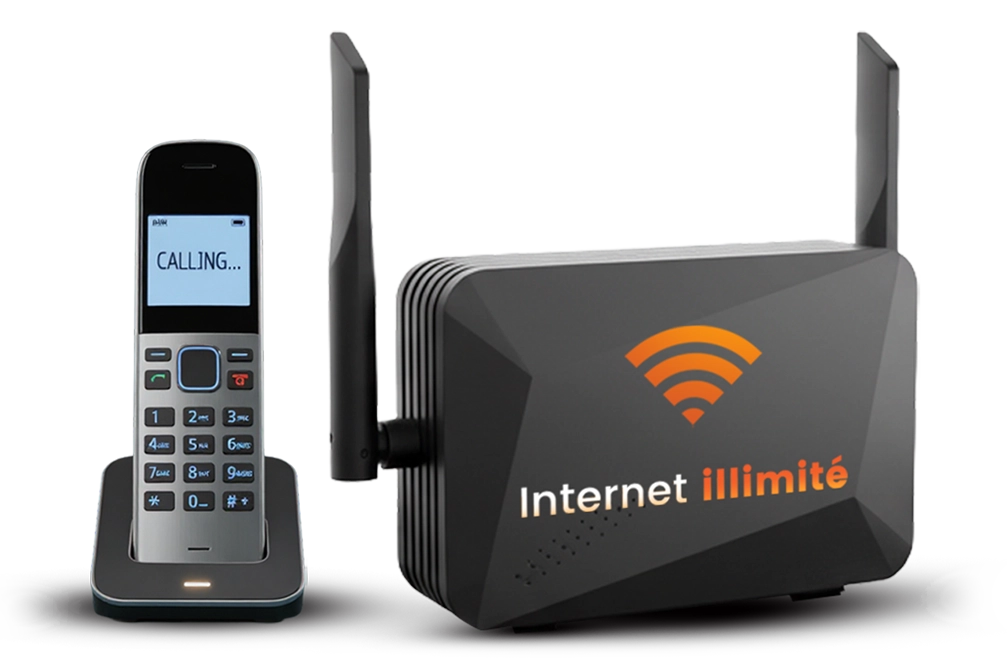 Residential phone and unlimited Internet router from Bravo Telecom, representing the Duo Internet + Phone plan.